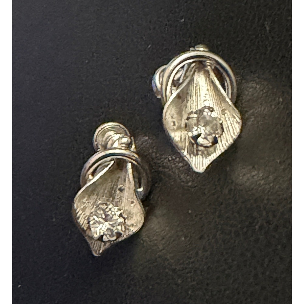 Vintage Sterling Silver Earrings Screw Back Calla Lily Rhinestone 925 Signed J